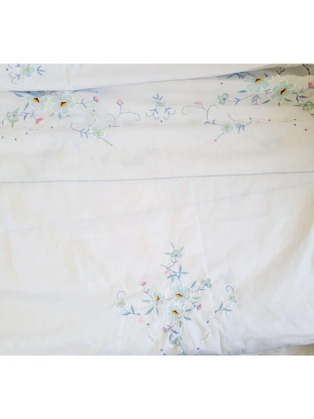 Vintage Linen Tablecloth Peacock Set With Embroidered Daisies Perma Press *READ*